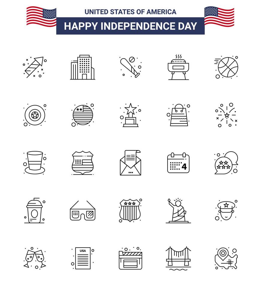 joyeux jour de l'indépendance 25 lignes pack d'icônes pour le web et l'impression balle vacances baseball festivité barbecue modifiable usa day vector design elements