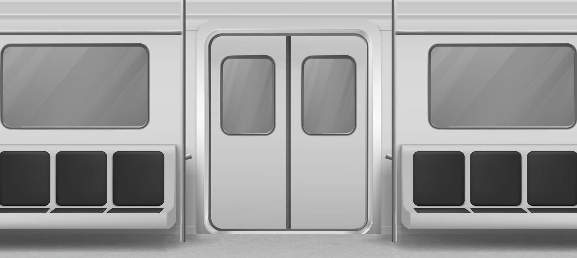 Vue intérieure de l'intérieur du wagon de métro avec porte, sièges vecteur