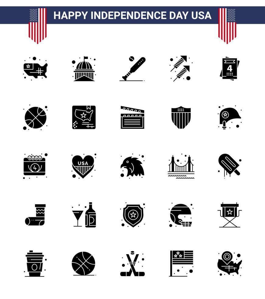 groupe de 25 glyphes solides définis pour le jour de l'indépendance des états-unis d'amérique tels que le feu de tir blanc célébration sports modifiables usa day vector design elements