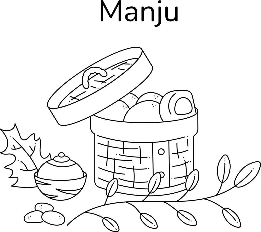 ensemble manju2. galettes de manju japonaises sucrées fraîchement préparées. doodle illustration vectorielle de dessin animé noir et blanc. vecteur