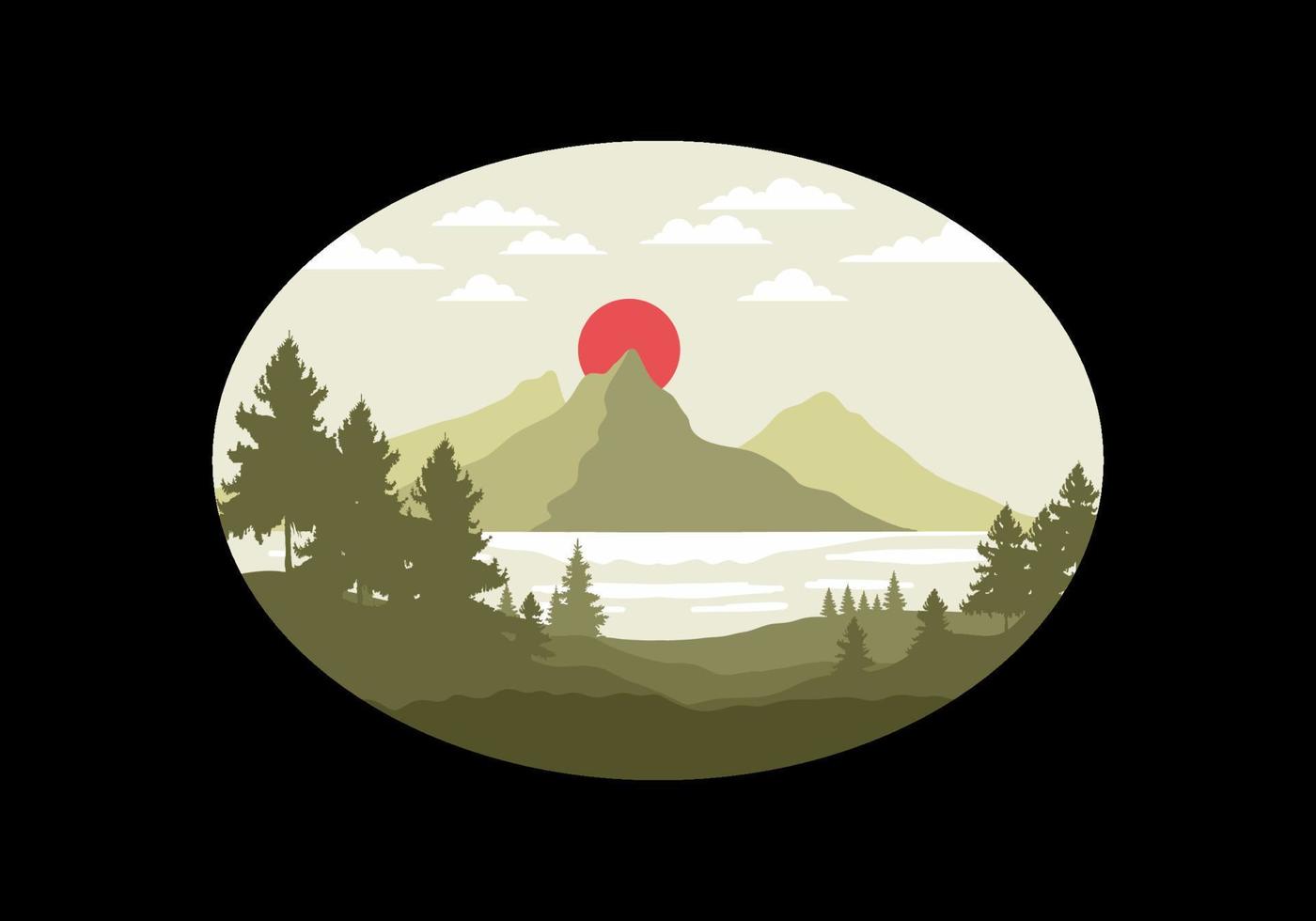 illustration d'art de paysage d'une montagne et d'un lac vecteur