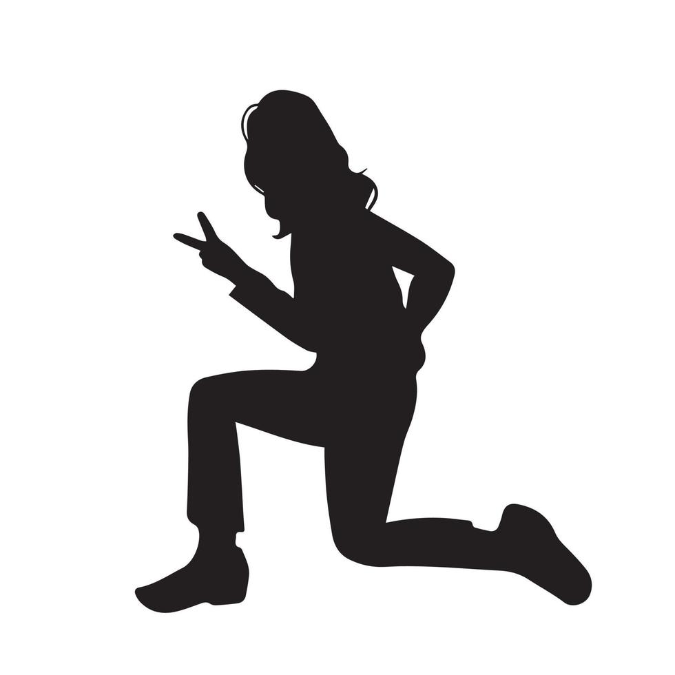 jeune fille portant un haut à manches longues et un pantalon long avec une silhouette d'icône de vecteur de pose cool isolée sur fond blanc. pose humaine photogénique avec un simple dessin plat de couleur noire.