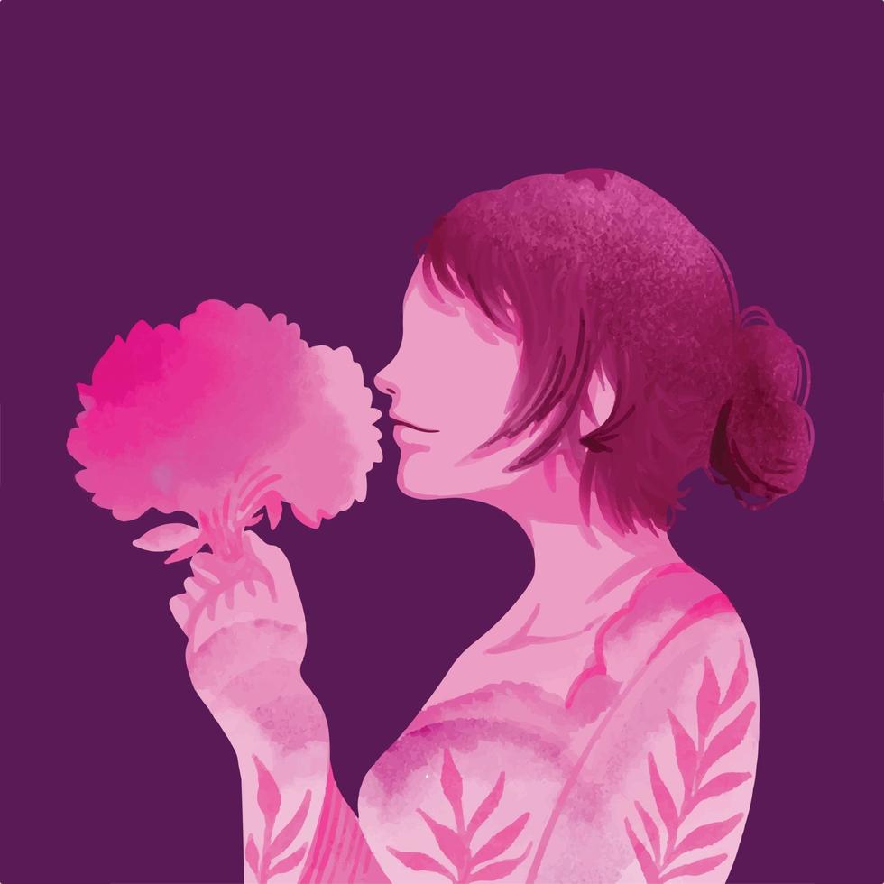 les jeunes femmes avec une belle robe reniflent un bouquet de fleurs en vue latérale. dessin de silhouette monochrome de couleur rose avec des coups de pinceau illustration texturée grunge. oeuvre isolée. vecteur