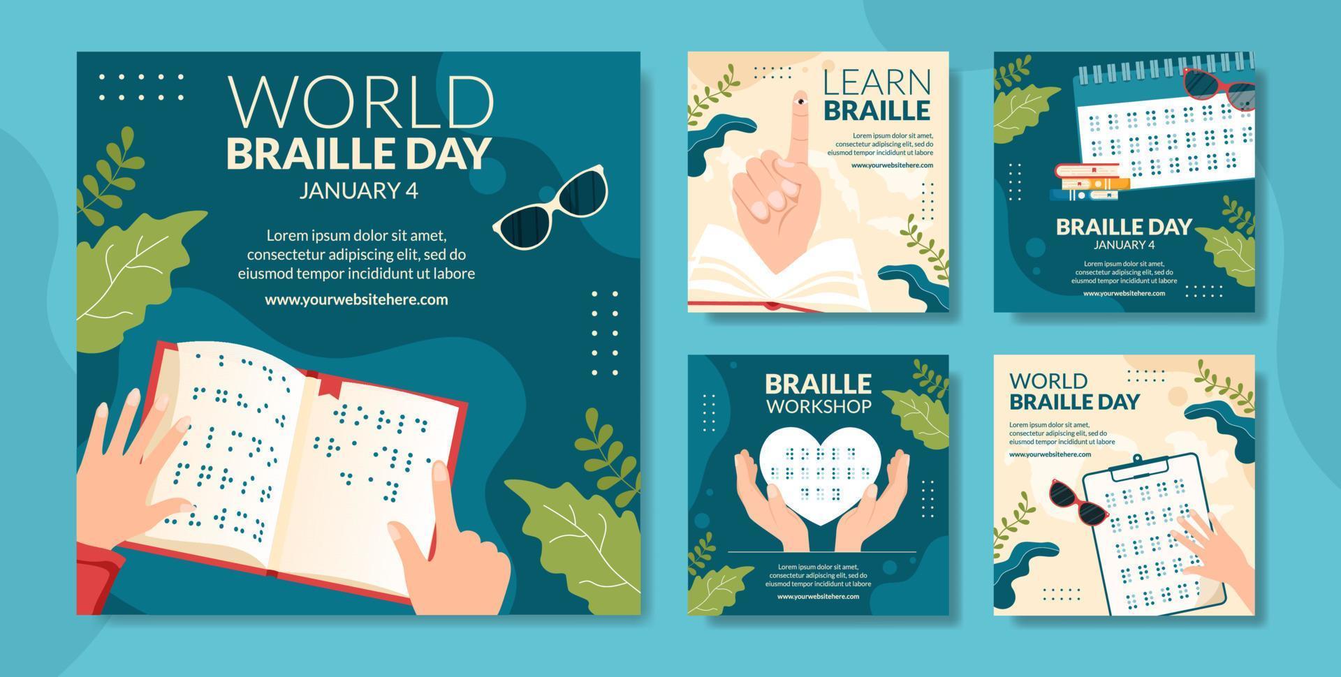 journée mondiale du braille publication sur les médias sociaux dessin animé plat illustration de modèles dessinés à la main vecteur