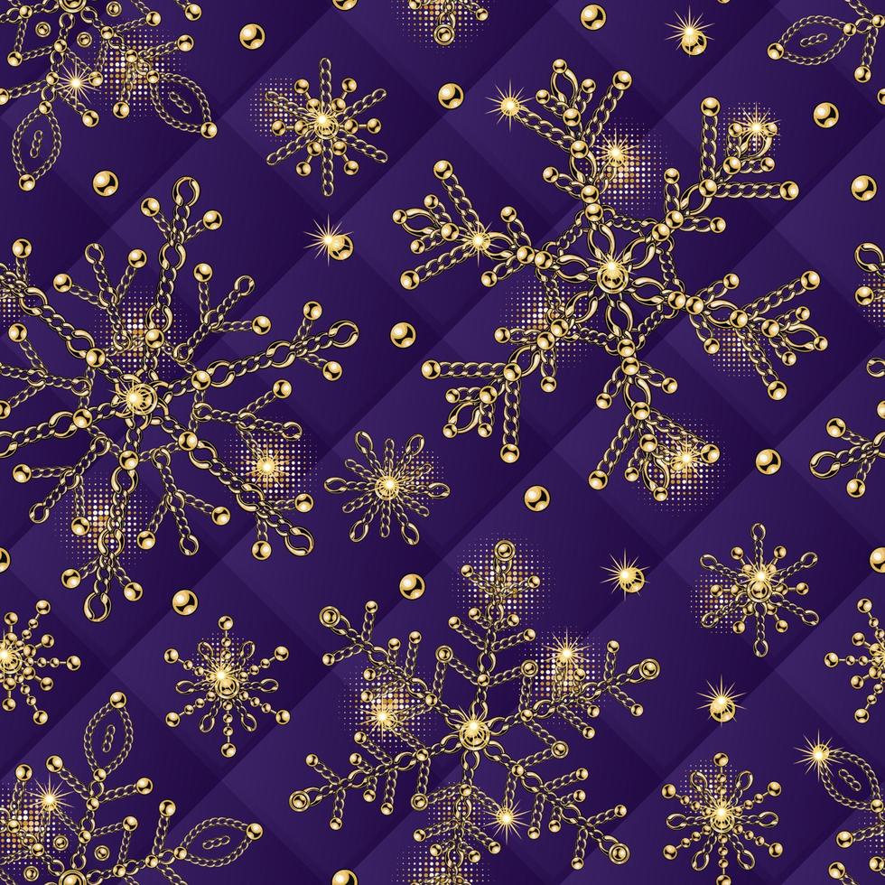 modèle sans couture avec de grands, petits flocons de neige de chaînes de bijoux en or avec des perles de boule brillantes. grille géométrique violette carrée sur fond pour noël, vacances du nouvel an, décoration de paquet cadeau vecteur