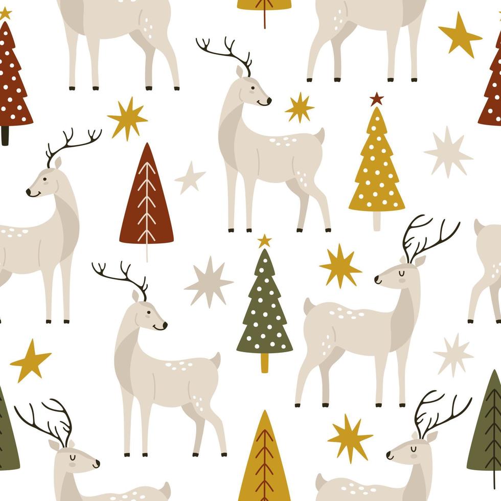 cerf gris dessiné à la main avec des arbres de noël et un décor abstrait dans un style scandinave. modèle vectorielle continue avec des animaux sauvages pour papier peint ou papier d'emballage pour le nouvel an et les vacances d'hiver de noël vecteur