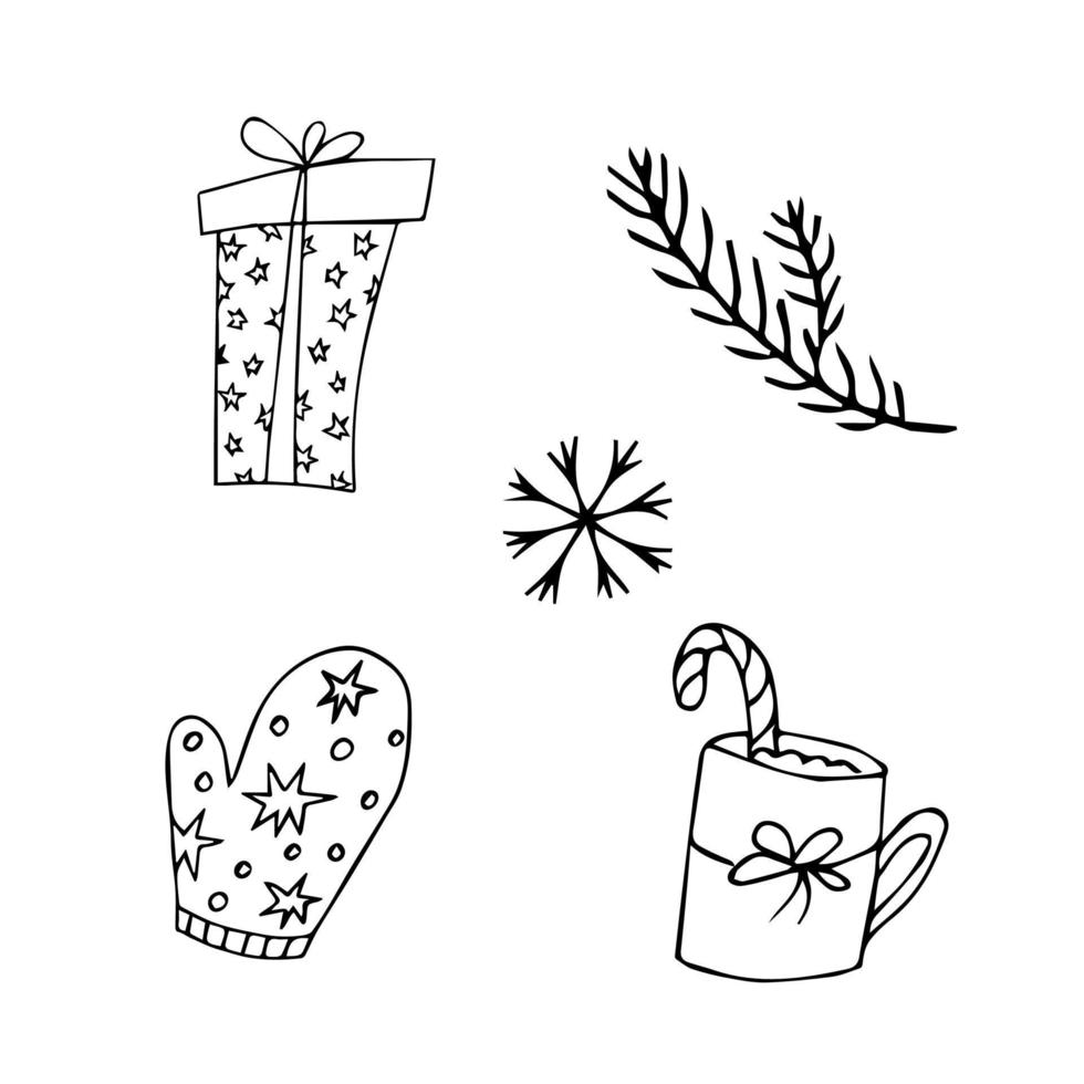 éléments de doodle de fête du nouvel an en noir isolés sur fond blanc. doodle dessiné à la main du nouvel an et de noël vecteur