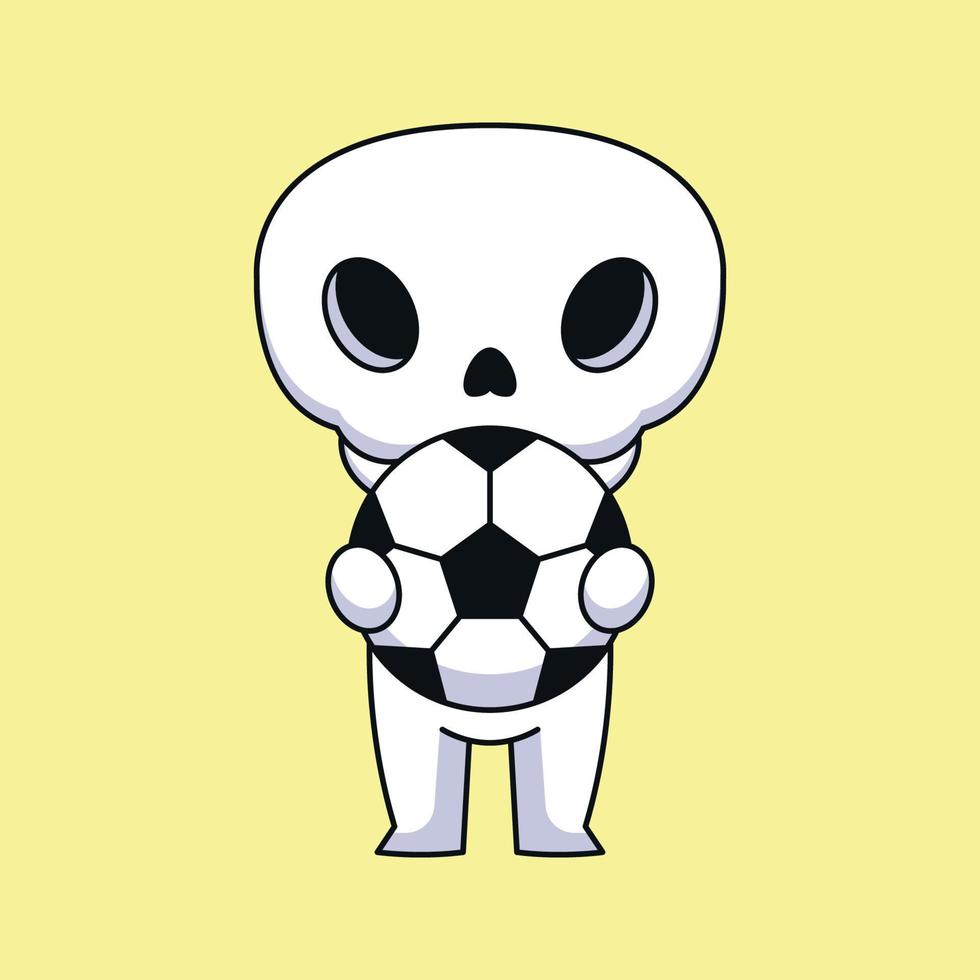 crâne mignon tenant ballon de football dessin animé mascotte doodle art dessiné à la main concept vecteur kawaii icône illustration