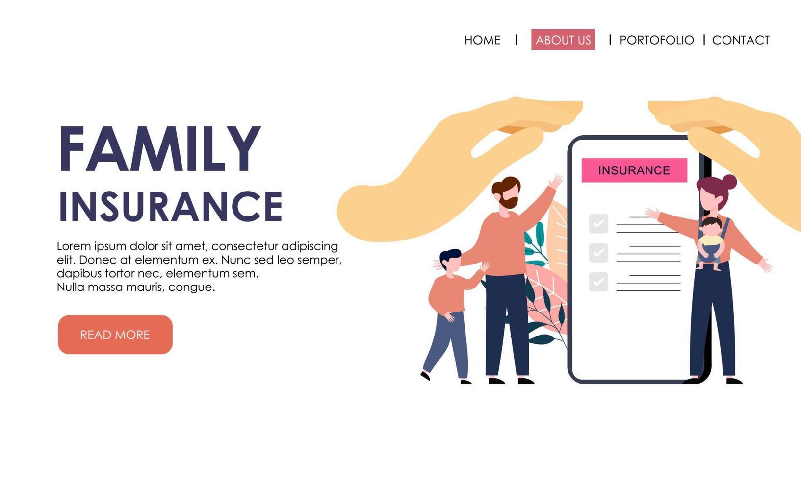 modèle de page de destination d'assurance familiale. assurance, bannière de concept de soins de santé vecteur