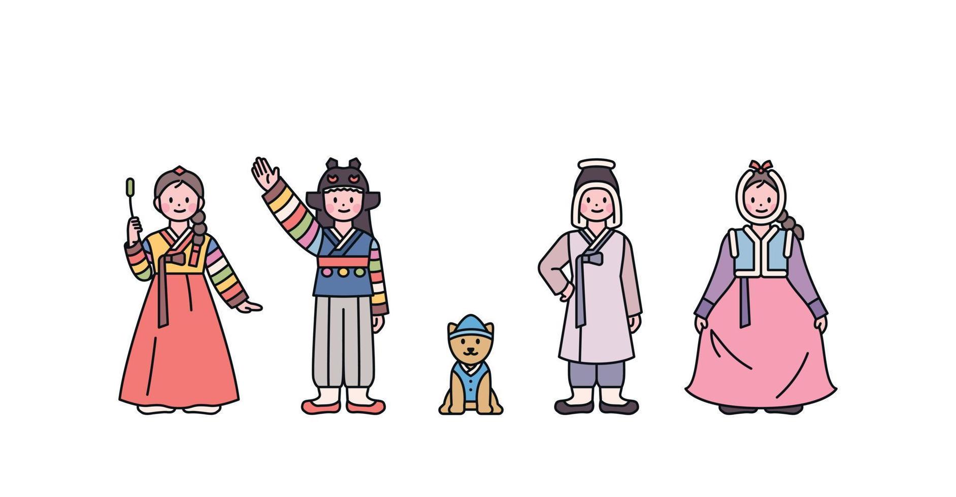 Joseon, une ancienne nation coréenne. les enfants portant un hanbok de base et les enfants portant un hanbok d'hiver. et chiot. vecteur