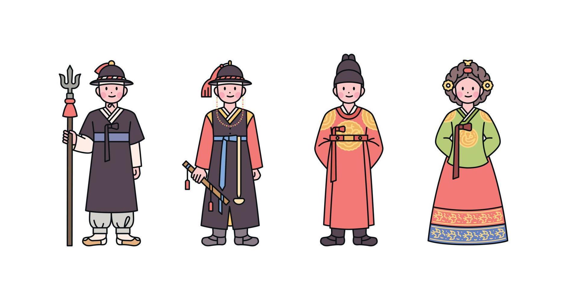 Joseon, une ancienne nation coréenne. personnage en policier, capitaine de police, costume de roi et de reine. esquisser une illustration vectorielle simple. vecteur