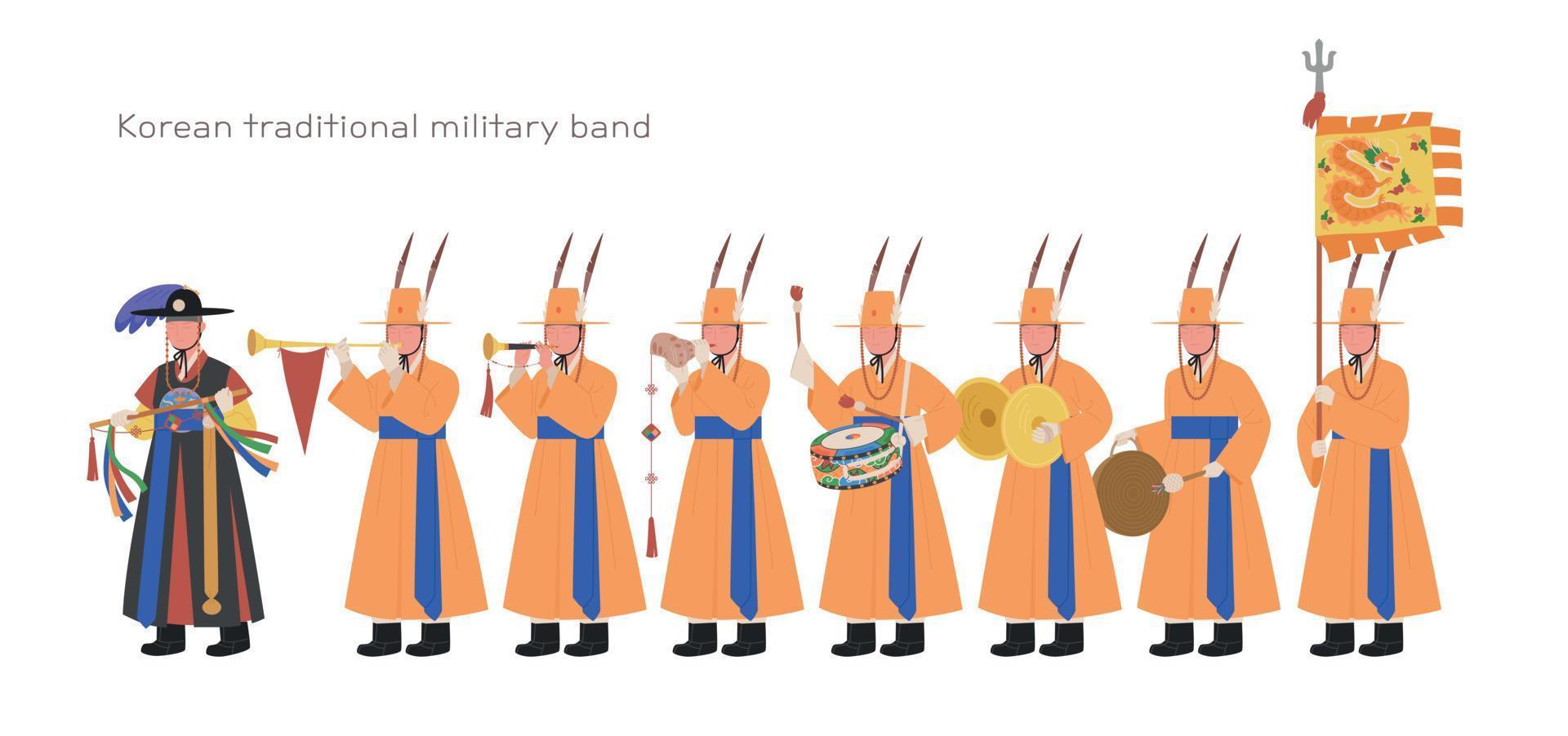 fanfare militaire traditionnelle coréenne. des soldats en costumes traditionnels jouent des instruments de musique traditionnels. vecteur