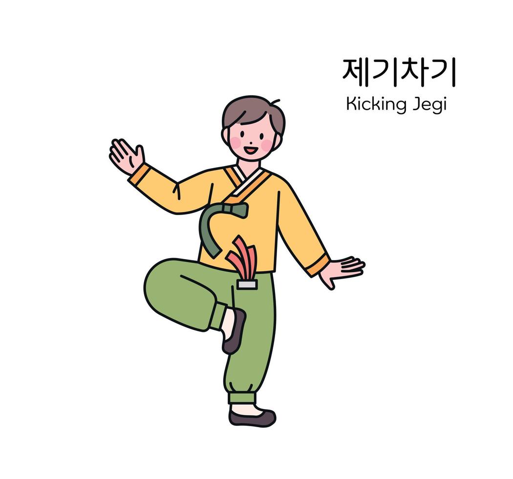 jeu traditionnel coréen. un garçon portant un hanbok joue au jegichagi, un jeu traditionnel. vecteur