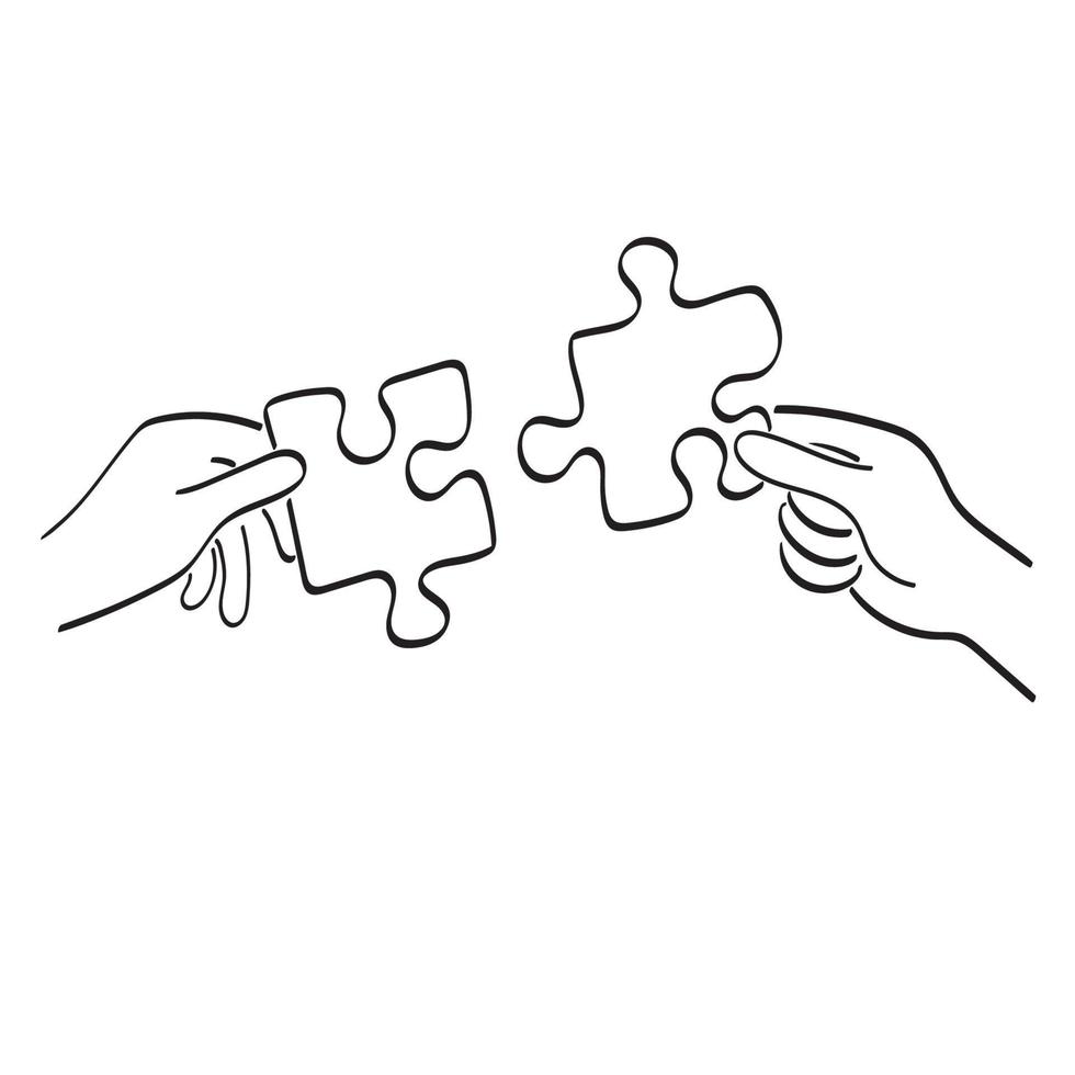 dessin au trait gros plan deux mains correspondant à un puzzle ou un concept de travail d'équipe illustration vecteur dessiné à la main isolé sur fond blanc