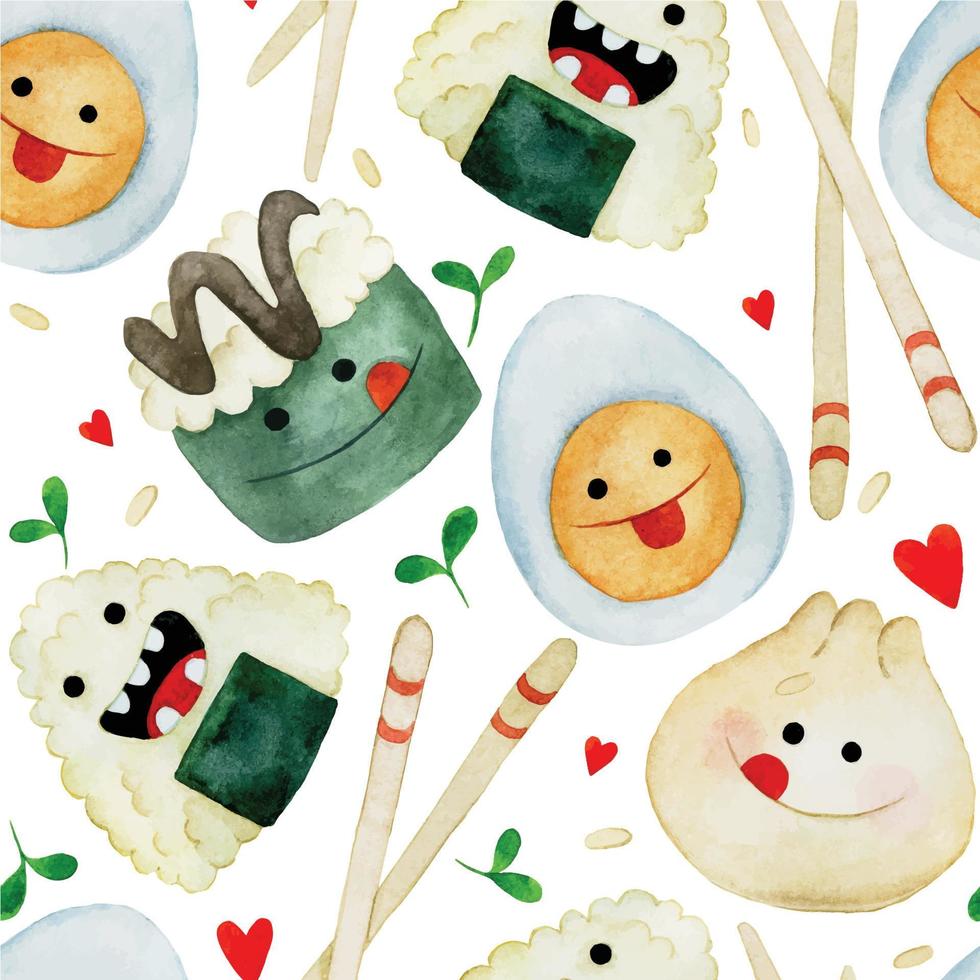 modèle sans couture aquarelle. dessin de mignons personnages de cuisine asiatique. anigiri drôle, sushi, petits pains. nourriture japonaise vecteur