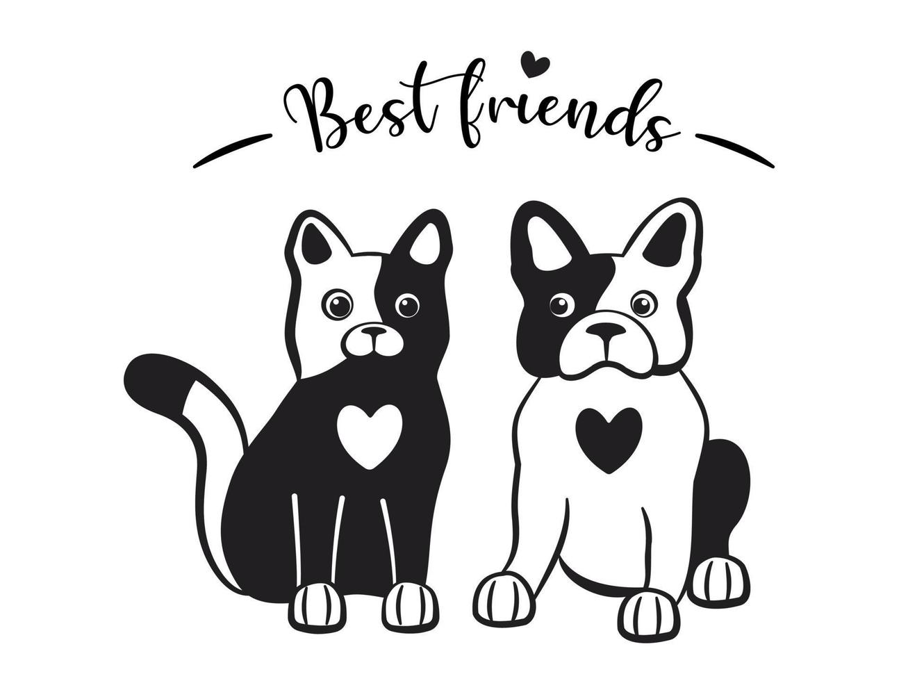 chat et chien ensemble sont les meilleurs amis. amitié de deux personnages de dessins animés mignons. paire de contour bouledogue français et minou avec texte. illustration vectorielle noir et blanc vecteur