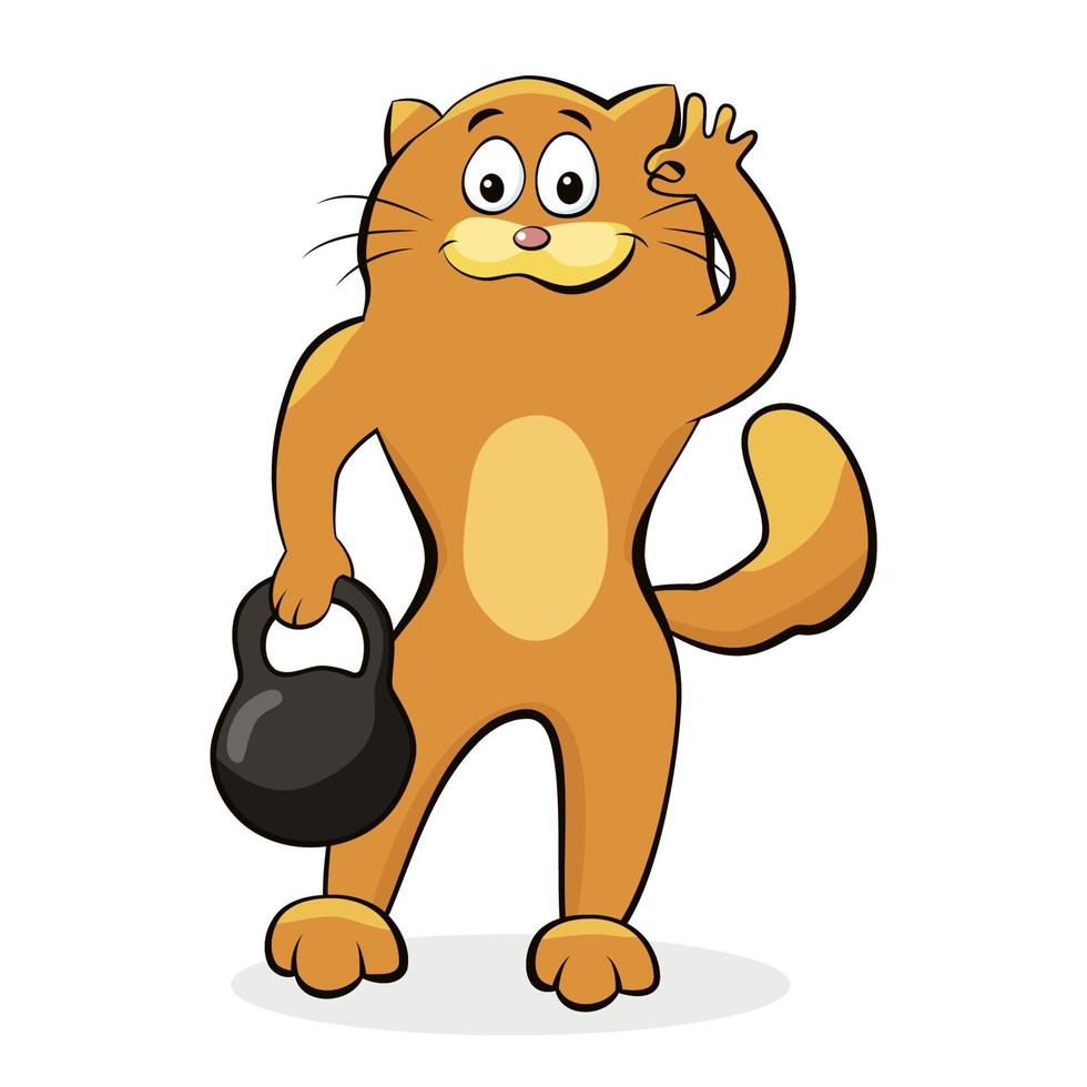 chat mignon athlétique s'entraîne avec kettlebell. illustration vectorielle de fit kitty dans la salle de gym pompe les muscles. le personnage de dessin animé fait de l'exercice en fitness, perd du poids. motivation animale drôle de style de vie sportif vecteur