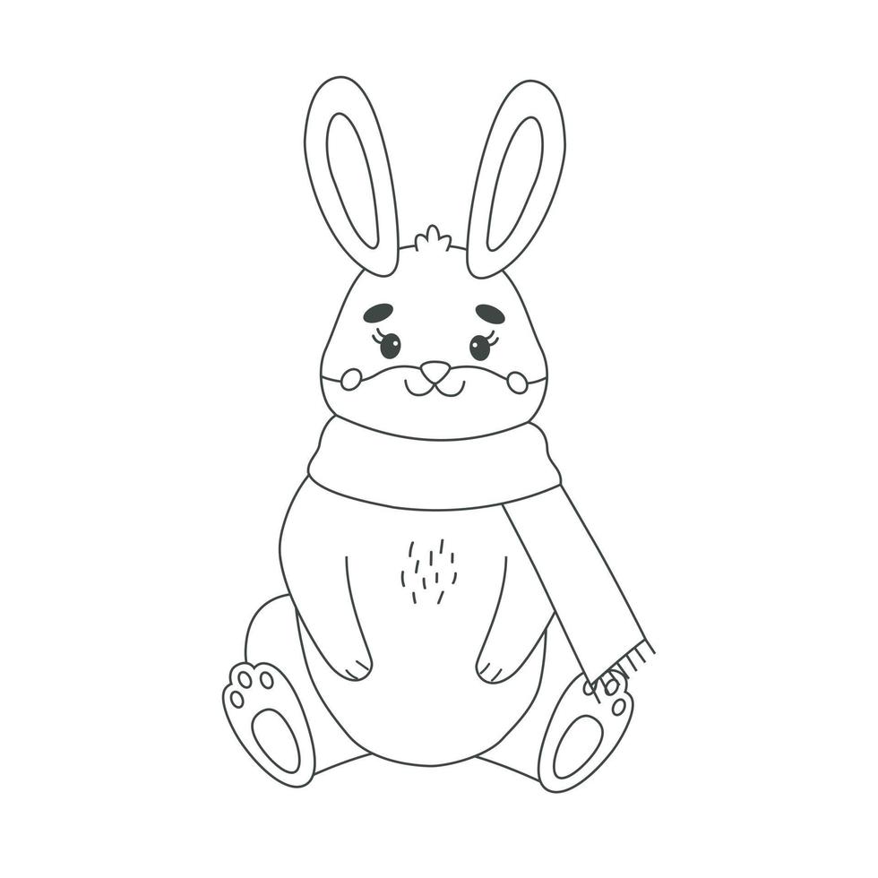 lapin de contour vectoriel en écharpe. illustration d'hiver en ligne d'un symbole du nouvel an chinois 2023. silhouette de lapin dans des vêtements pour carte de voeux joyeux noël pour enfants