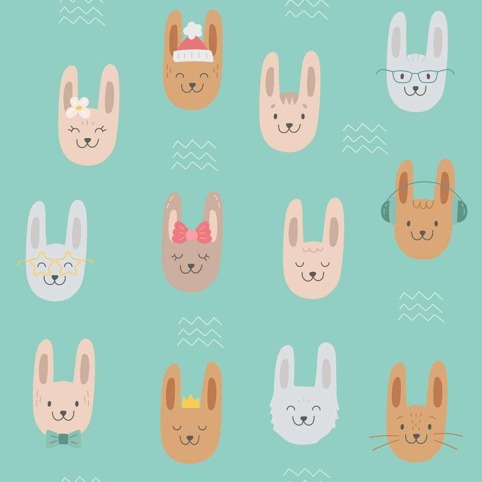 modèle sans couture de vecteur avec des lapins de couleur mignons dans des verres, un chapeau, avec un arc, une fleur. lapin comme symbole du nouvel an chinois. collection de personnages de lapin pour impression textile pour enfants