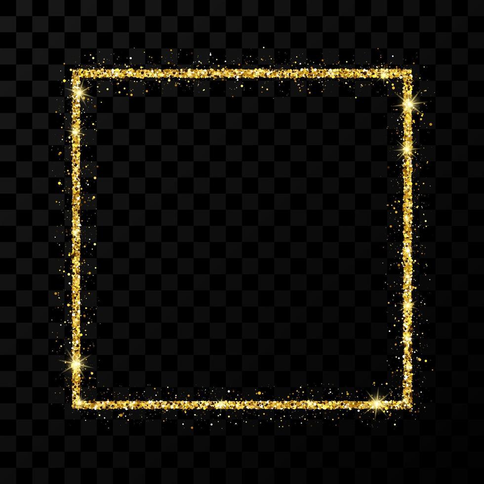 cadre de paillettes d'or. cadre carré avec des étoiles brillantes et des étincelles sur fond transparent foncé. illustration vectorielle vecteur