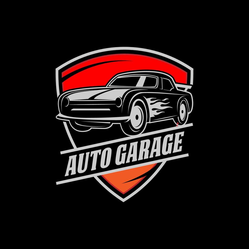 conception de logo vintage premium de garage automobile, modèle de logo de réparation automobile avec style rustique et rétro vecteur