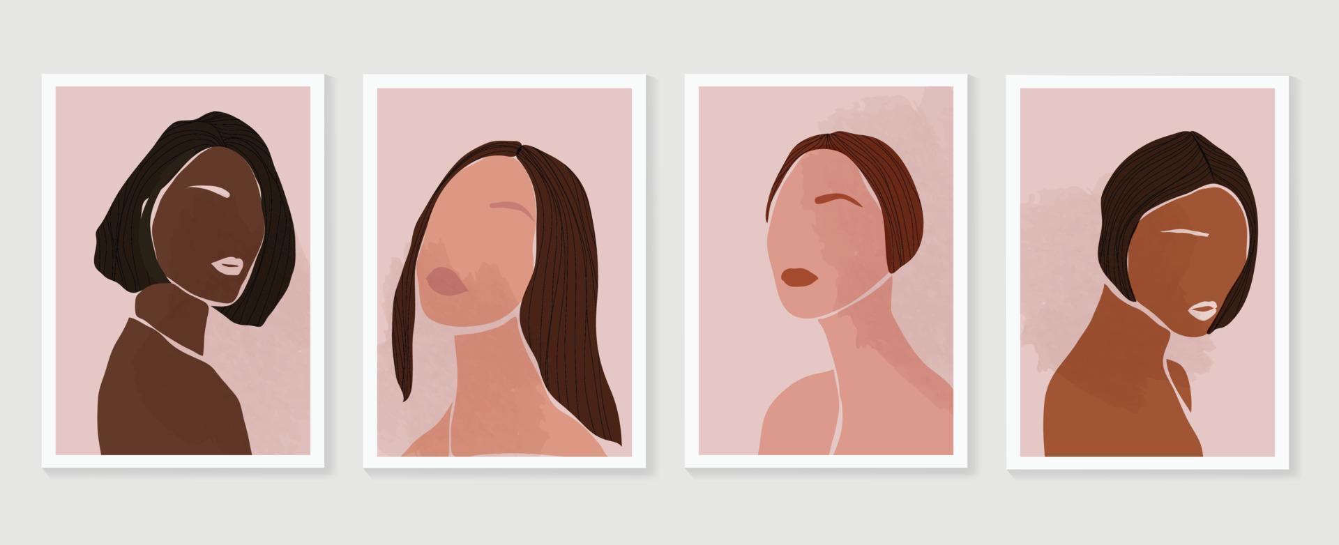 vecteur de fond d'art abstrait de portrait de femme contemporaine. surréaliste fait face à des filles élégantes dans une coiffure et une pose à la mode. illustration de conception pour l'art mural de mode, le papier peint, la décoration, l'affiche, l'impression, la couverture.