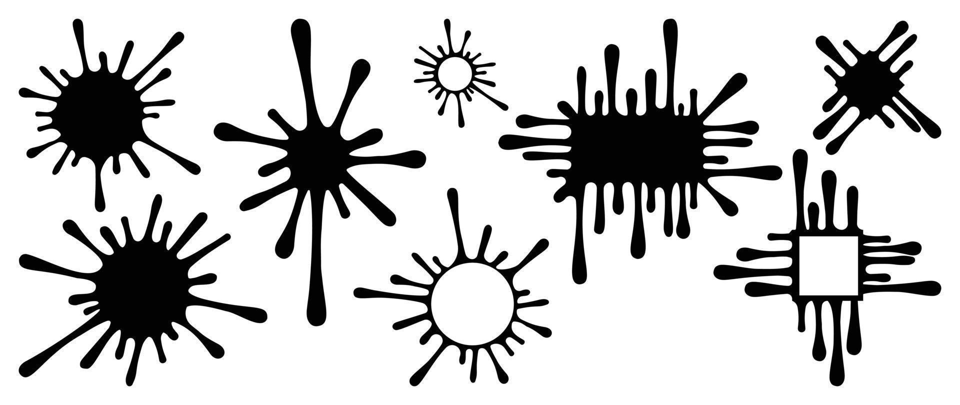 ensemble d'illustration vectorielle d'éclaboussure d'encre géométrique. carré, cadre de pochoir en forme de cercle avec encre goutte à goutte, spray, gouttelette de liquide de brosse, graffiti isolé sur fond blanc. conception pour autocollant, décoration. vecteur