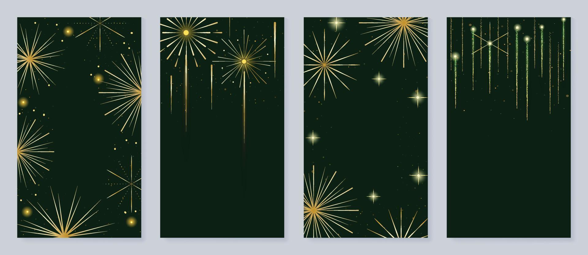 ensemble d'affiches élégantes de modèle de noël et du nouvel an. feu d'artifice festif doré vibrant dégradé décoratif sur fond sombre. illustration de conception pour bannière, carte, médias sociaux, publicité, site Web. vecteur