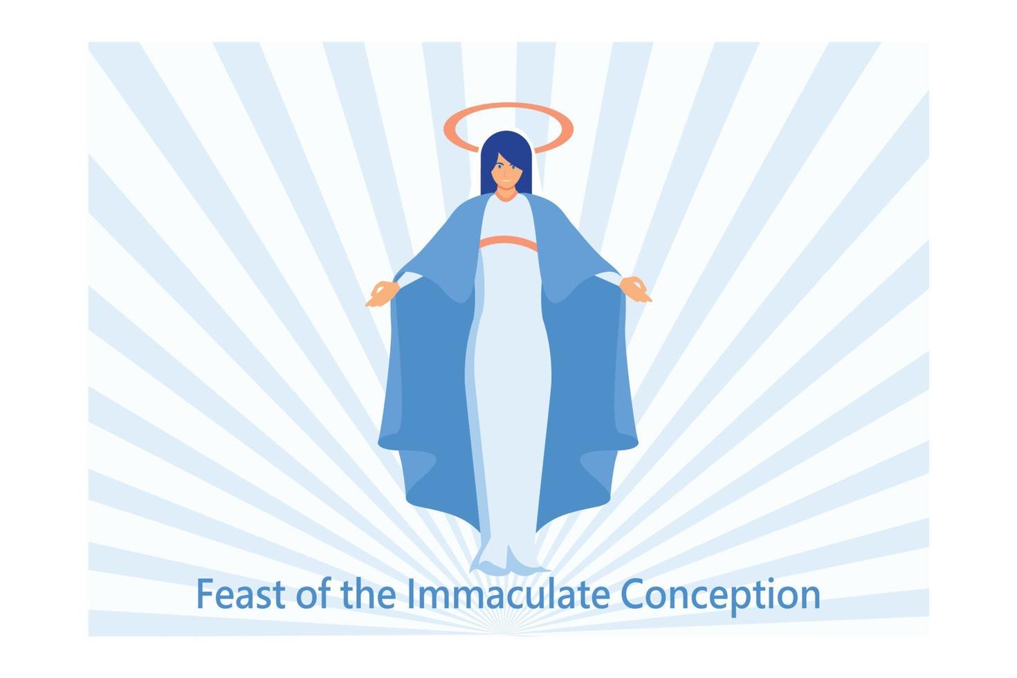 fête du vecteur de conception immaculée. Bienheureuse vierge marie dans le vecteur d'icône de ciel. saint marie et vecteur de ciel bleu. affiche du jour de la conception immaculée, 8 décembre, illustration moderne à vecteur plat