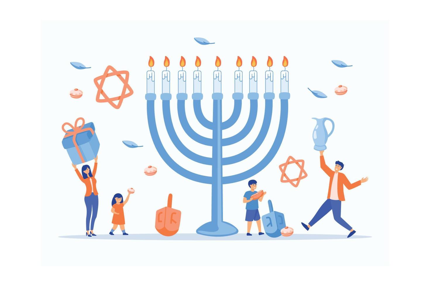 joyeux hanukkah, fête juive des lumières scène avec des gens, familles heureuses avec enfants, illustration moderne de vecteur plat