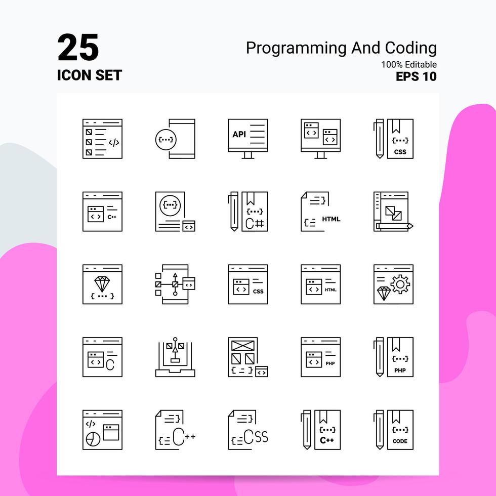 25 jeu d'icônes de programmation et de codage 100 fichiers eps modifiables 10 idées de concept de logo d'entreprise conception d'icône de ligne vecteur