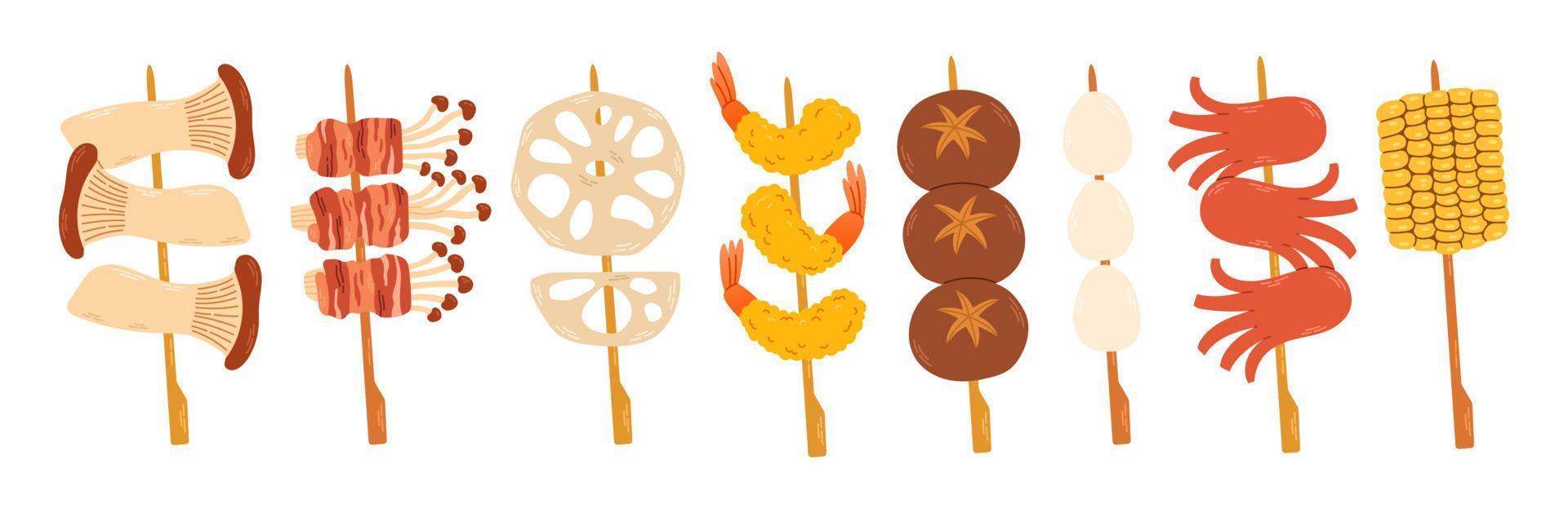 ensemble de yakitori avec différentes brochettes, pour la restauration rapide asiatique et les restaurants à emporter vecteur