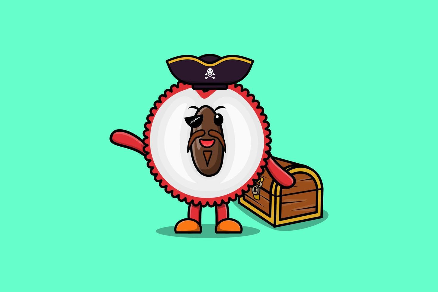 pirate de litchi de dessin animé mignon avec boîte au trésor vecteur