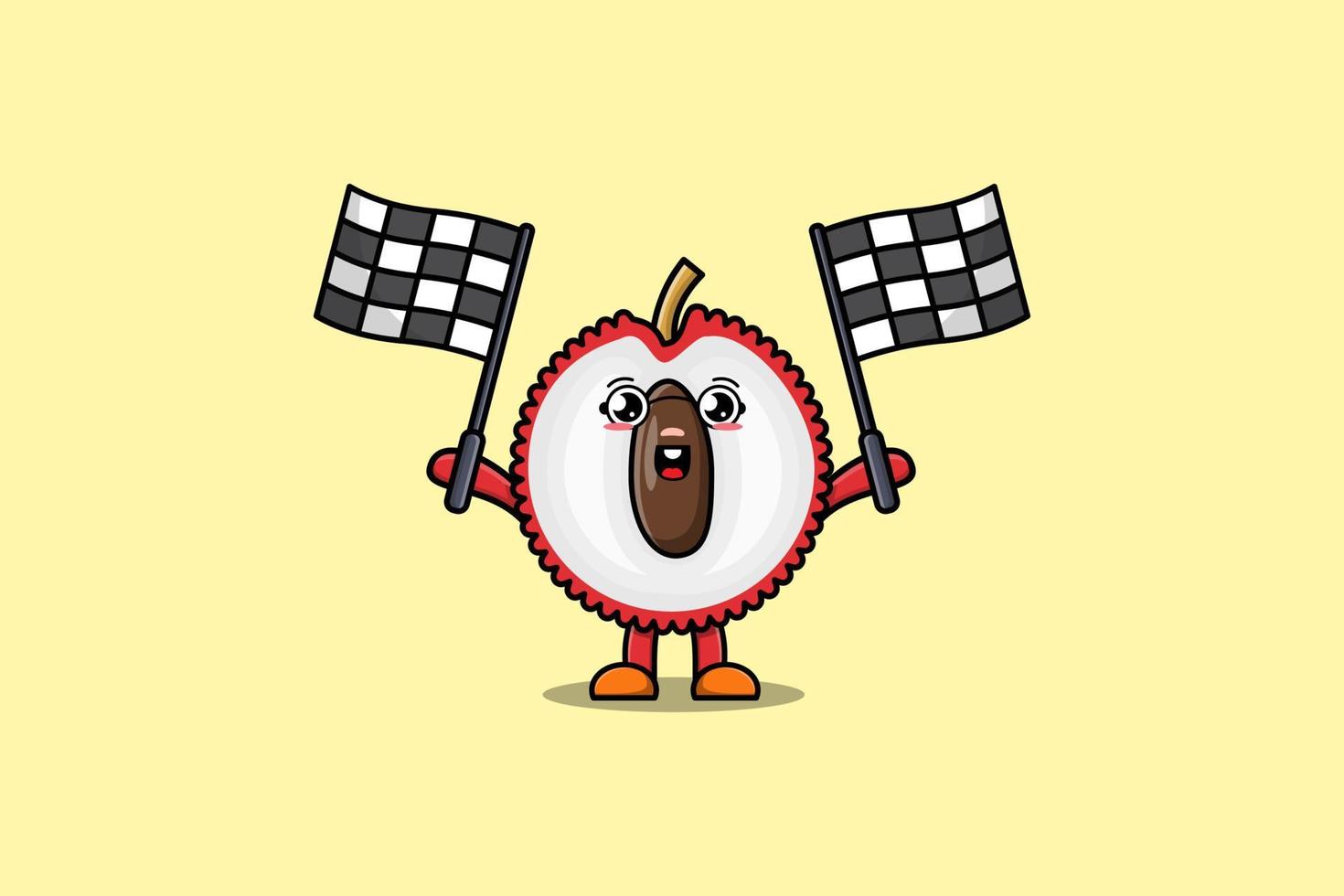 personnage de dessin animé mignon litchi tenant le drapeau de la course vecteur