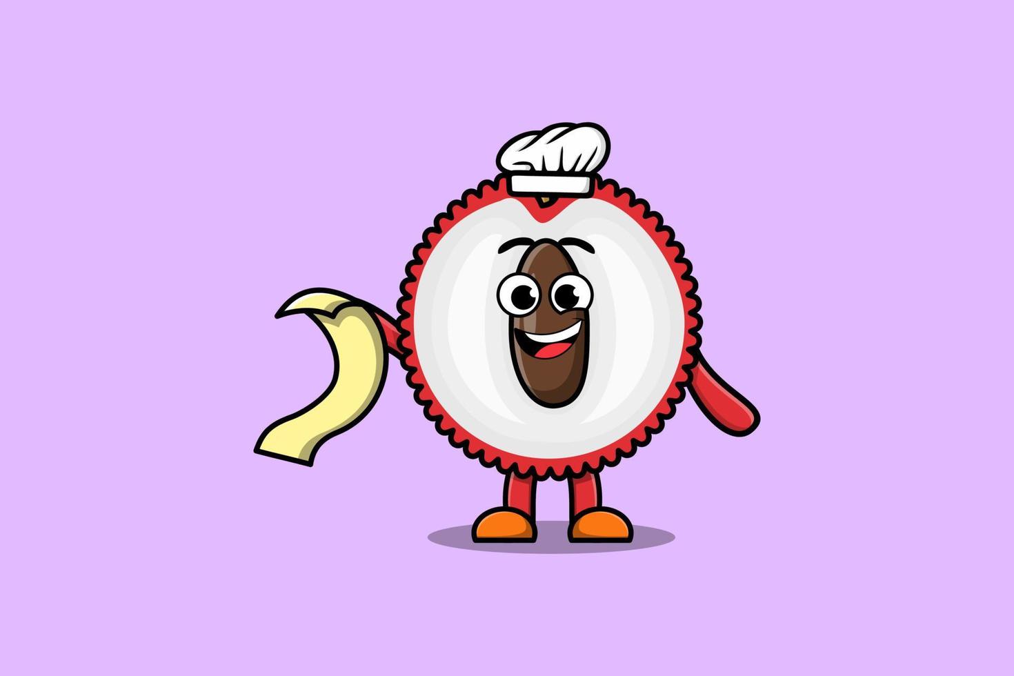 chef de litchi de dessin animé mignon avec menu à la main vecteur