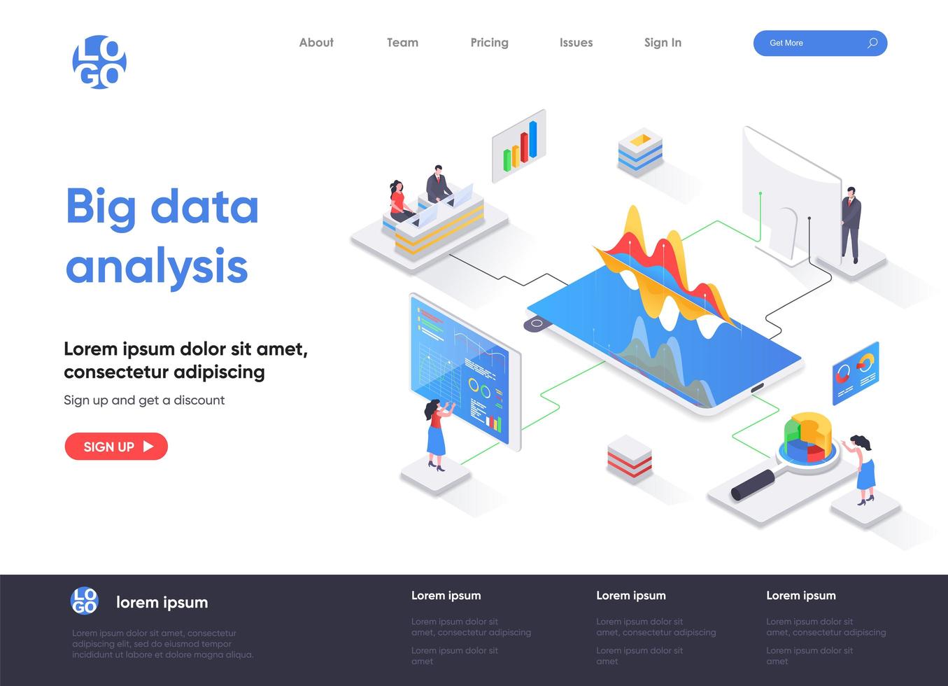 page de destination isométrique d'analyse de big data vecteur