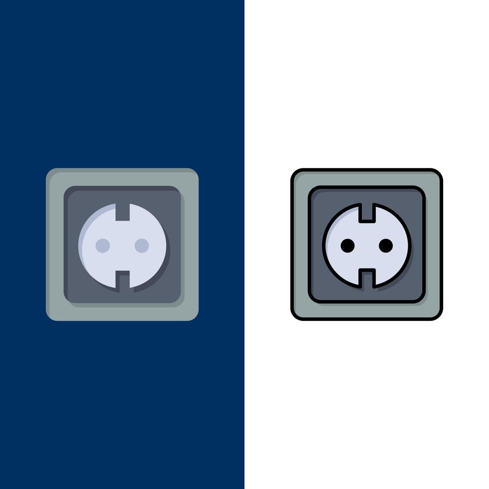 prise d'énergie électrique icônes de prise d'alimentation plat et ligne remplie icône ensemble vecteur fond bleu