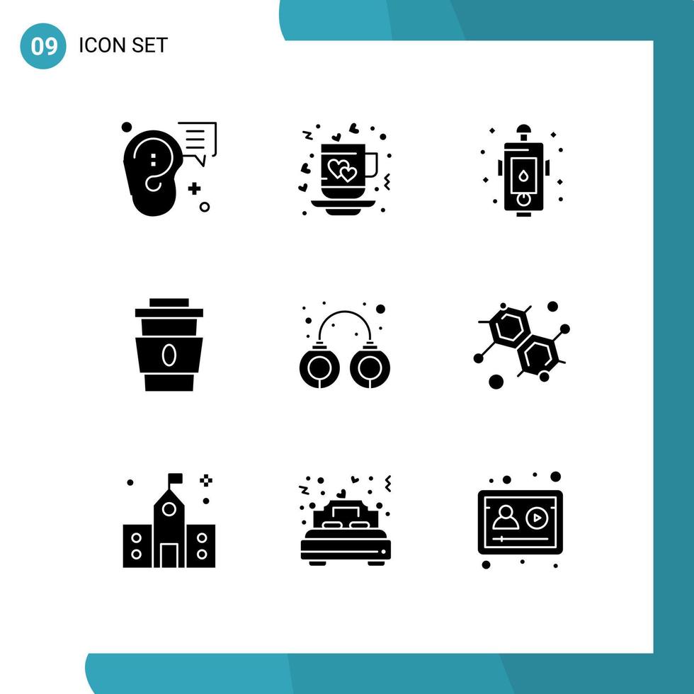 ensemble de 9 glyphes solides vectoriels sur la grille pour boire du café thé feu conception éléments de conception vectoriels modifiables vecteur