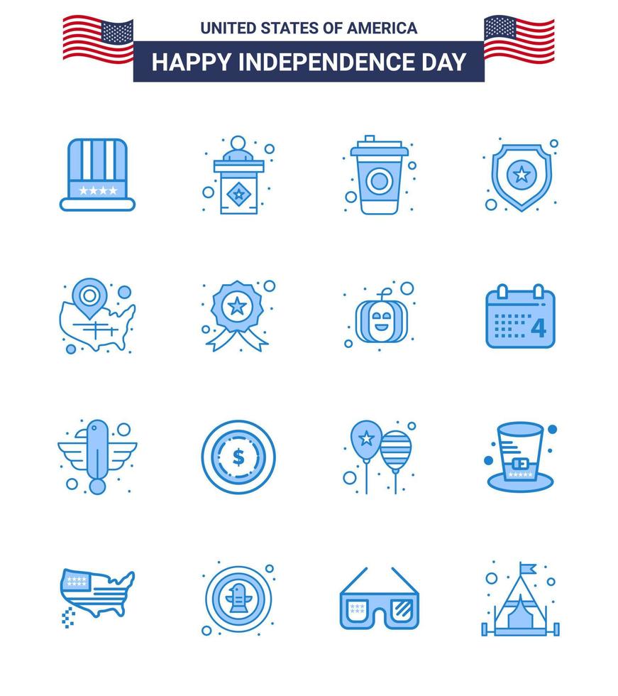 ensemble de 16 icônes de la journée des états-unis symboles américains signes de la fête de l'indépendance pour les états-unis carte signe de la bouteille police modifiable éléments de conception vectorielle de la journée des états-unis vecteur