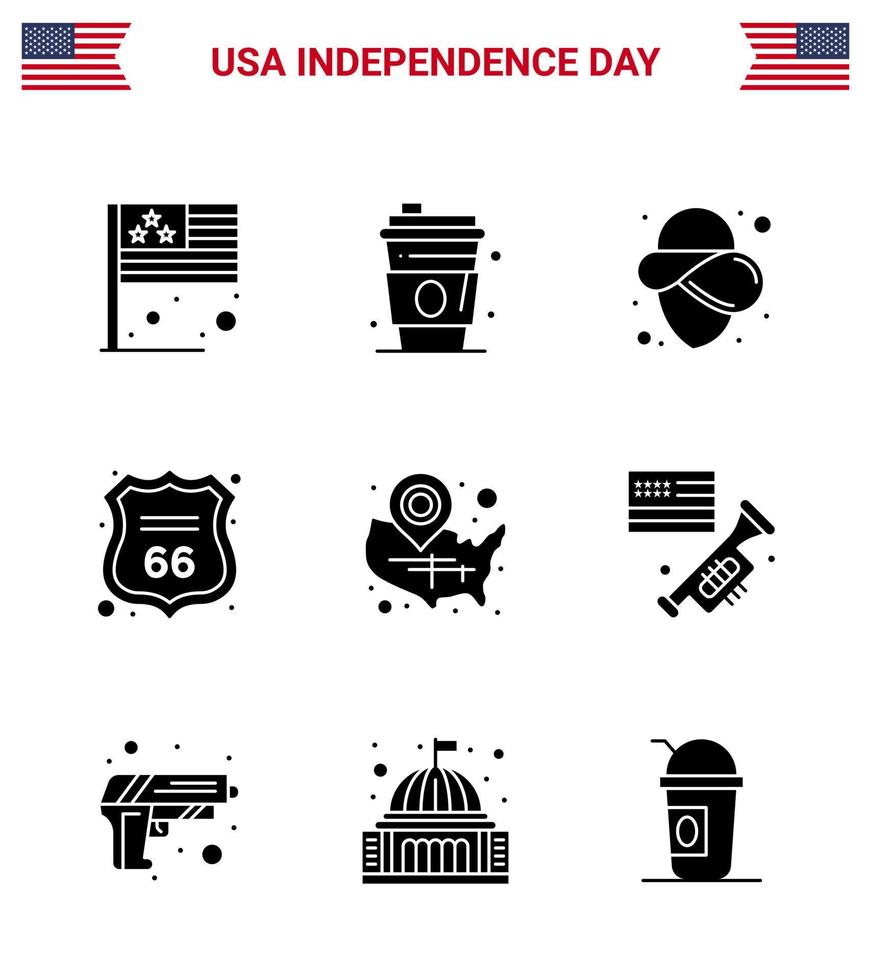 4 juillet usa joyeux jour de l'indépendance icône symboles groupe de 9 glyphes solides modernes des usa carte usa bouclier américain modifiable usa day vector design elements
