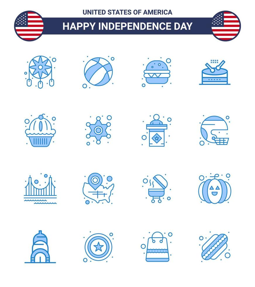 joyeux jour de l'indépendance 16 pack d'icônes blues pour le web et les états d'impression american burger parade instrument modifiable usa day vector design elements