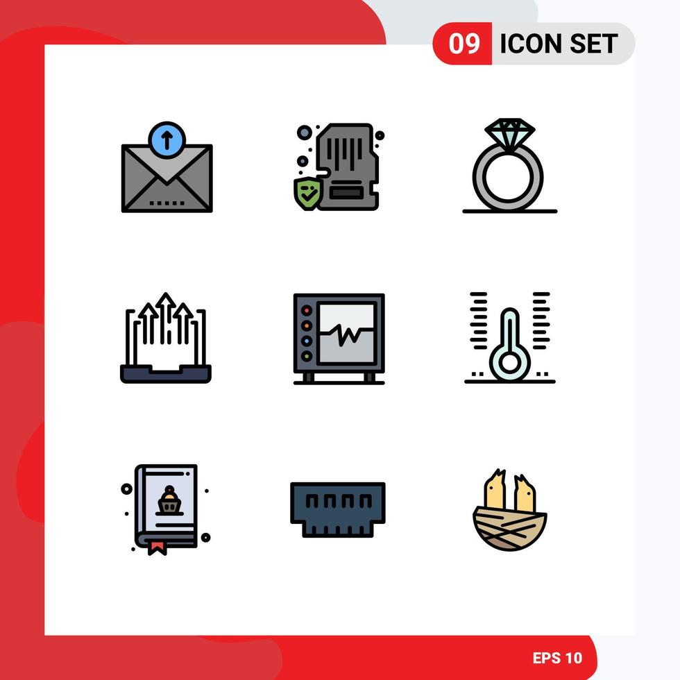 ensemble moderne de 9 couleurs et symboles plats remplis tels que battement ordinateur portable flèche de croissance mobile éléments de conception vectoriels modifiables vecteur