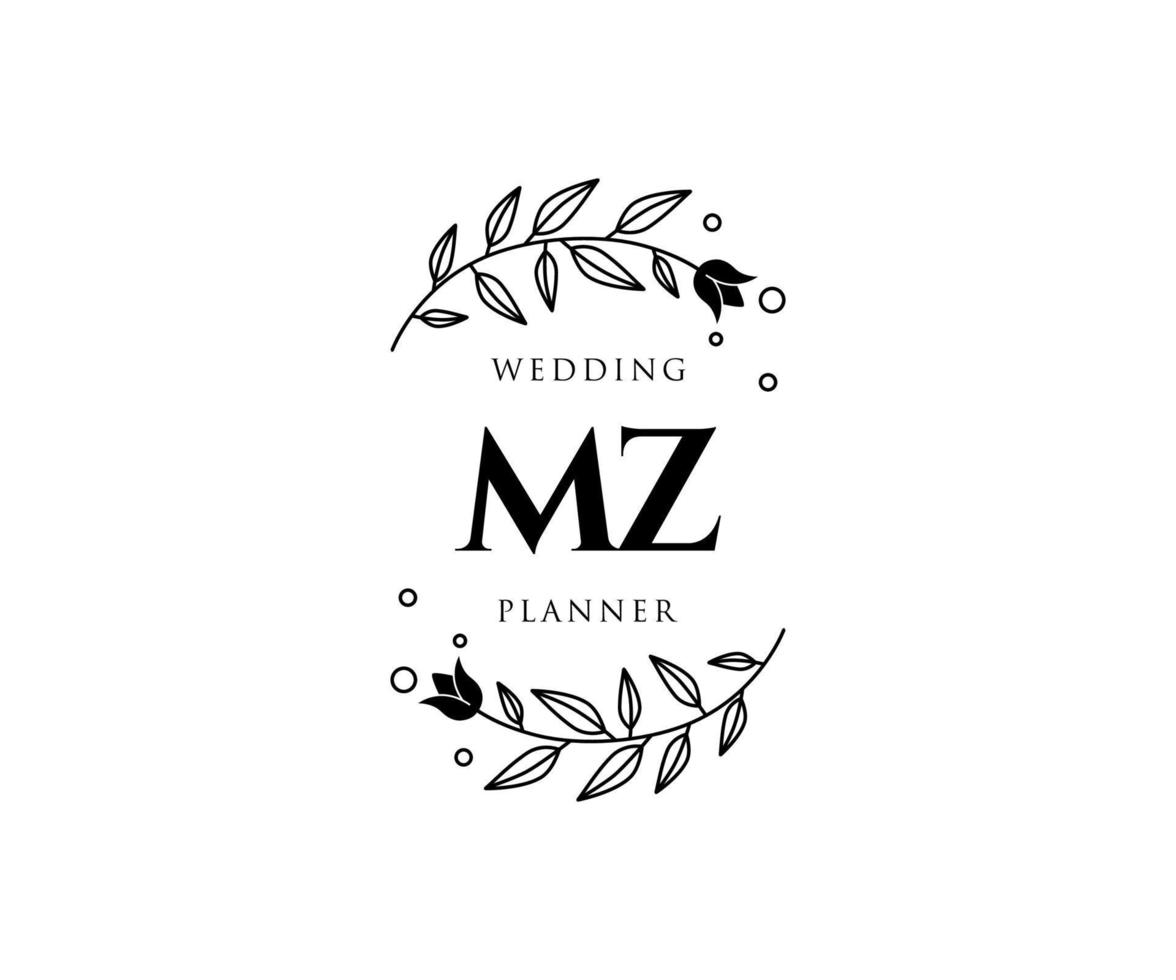 collection de logos de monogramme de mariage lettre initiales mz, modèles minimalistes et floraux modernes dessinés à la main pour cartes d'invitation, réservez la date, identité élégante pour restaurant, boutique, café en image vectorielle vecteur