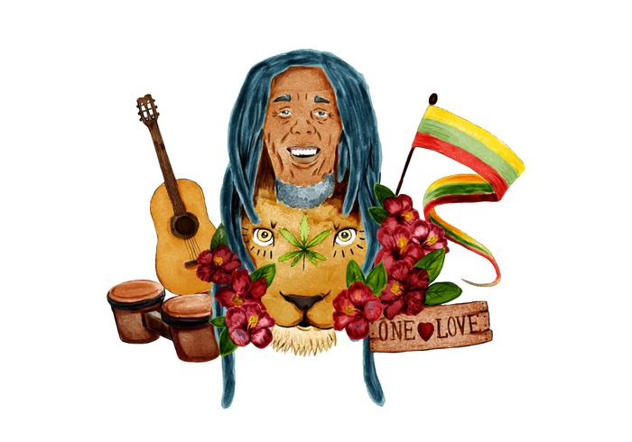 Bob Marley Avec Jamaica Flat Lion Bongo Batterie Et Guitare vecteur