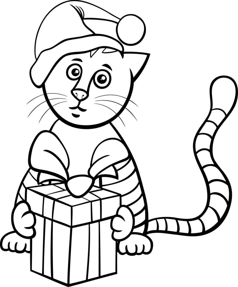 chat de dessin animé avec un cadeau sur la page de coloriage de noël vecteur