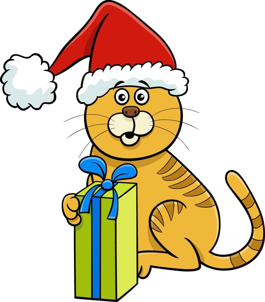 chat de dessin animé ou chaton avec cadeau à noël vecteur