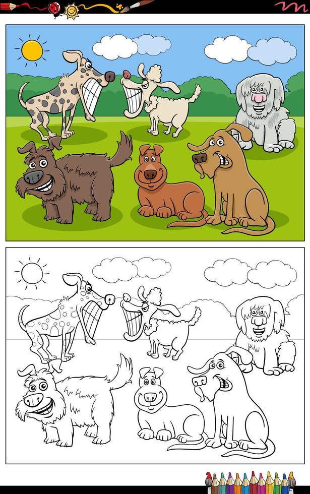 dessin animé, chiens, animal, caractères, groupe, coloration, page vecteur