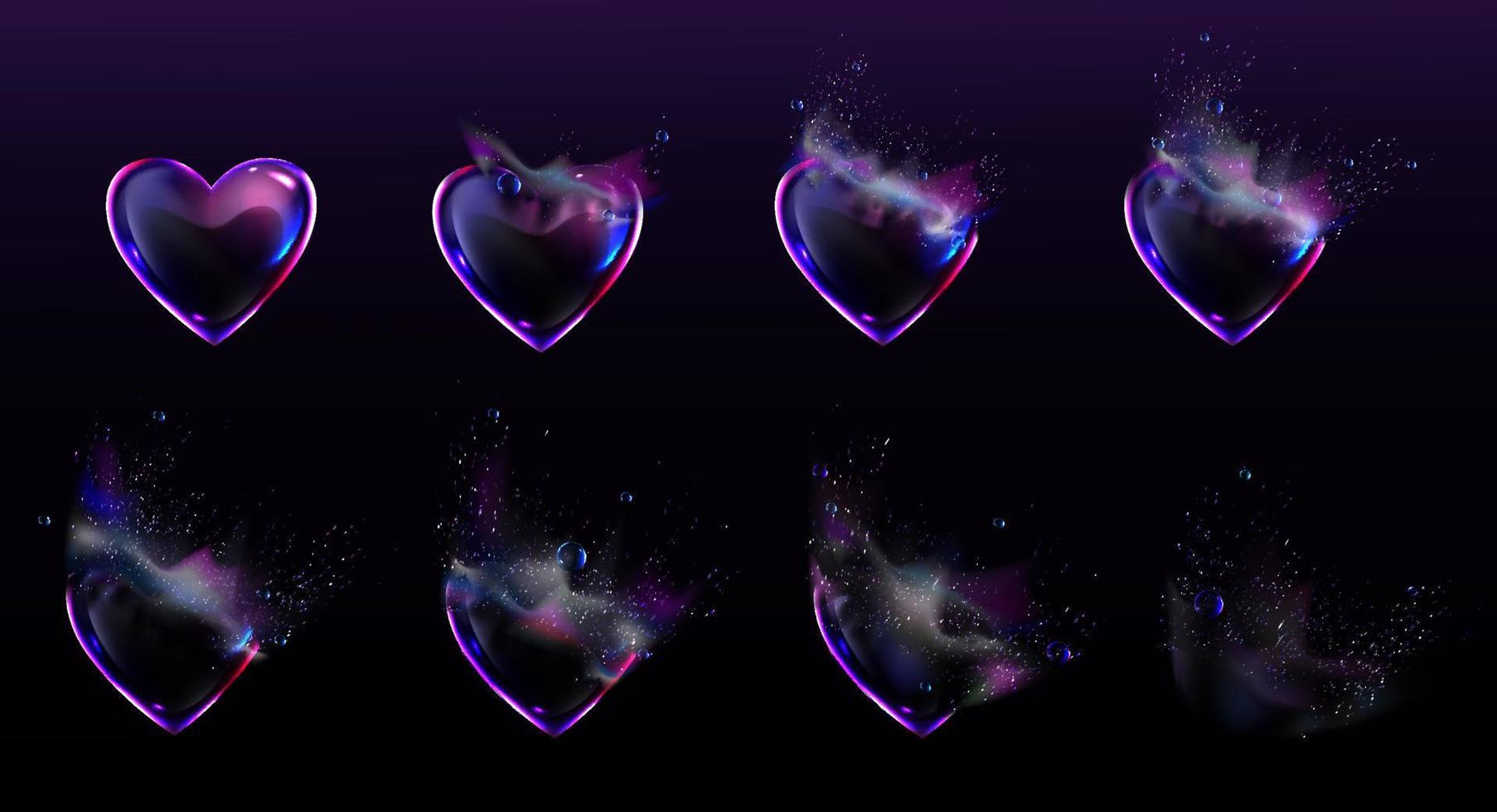 animation de sprites éclatés en forme de coeur de bulles de savon vecteur