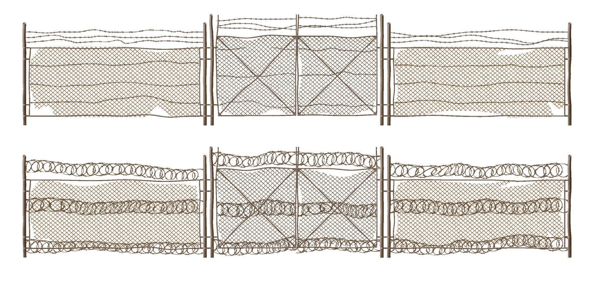 Ancienne clôture à mailles losangées en métal avec porte et fil barbelé vecteur