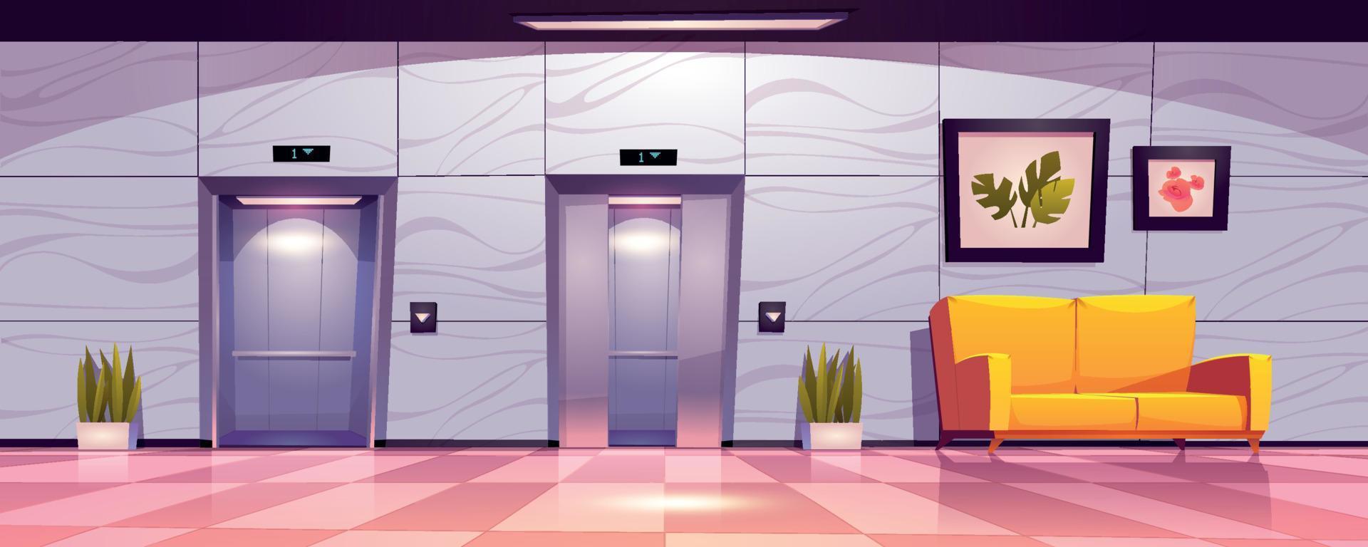 couloir avec portes d'ascenseur, hall vide avec canapé vecteur